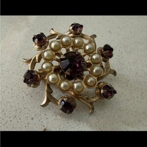 Vintage Mid-Century Gold-Tone Amethyst & Faux Pearl Floral Brooch Pin